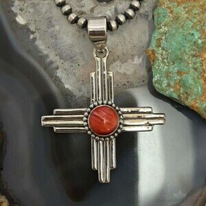Sterling Silver Southwestern Style Rounded Spiny Oyster Unisex Zia Pendant